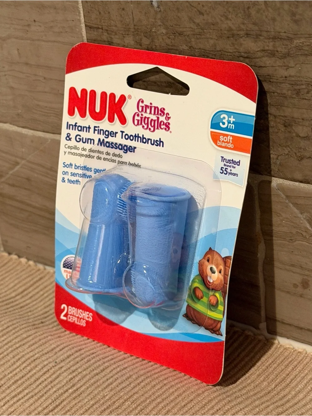 NWT NUK Grins & Giggles Infant Finger Toothbrush & Gum Massager 2 Pack Blue 3m+
